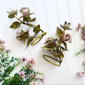 Vintage Italian Painted Tole Metal Floral Tulip Candleholders PAIR